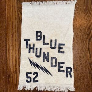 Vtg‎ white terry cloth bowling or sports towel embossed with Blue Thunder 52